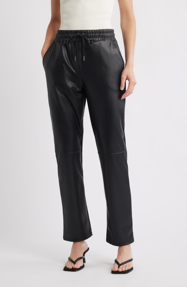 ヒュー レディース ボトムス レギンス ワイドレッグ パンツ レザー フェイクレザー Hue Faux Leather Wide Leg Drawstring Pants Black ブラック