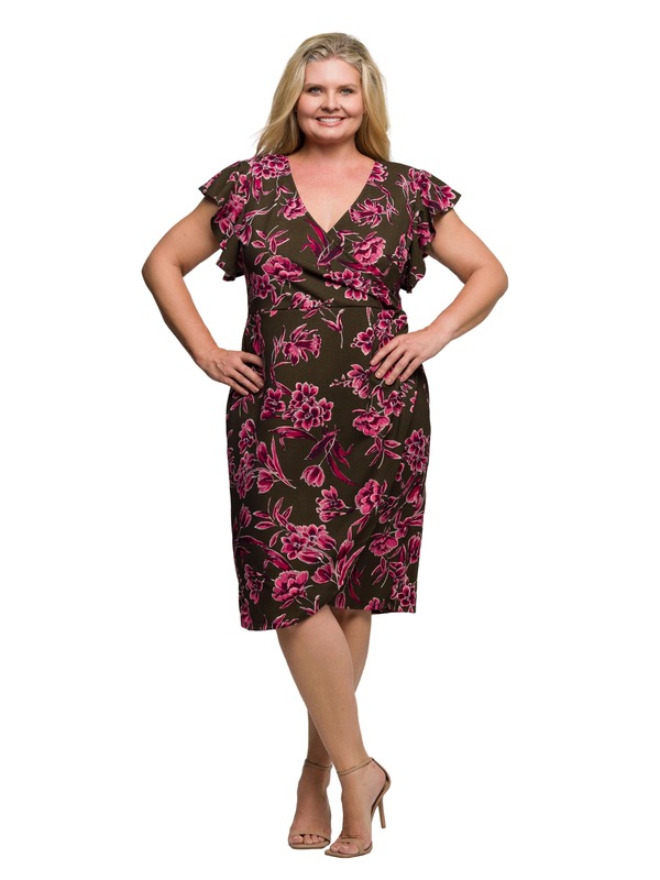24 セブンコンフォート レディース トップス ワンピース フラワー柄 プラスサイズ フラワー 24seven Comfort Apparel Plusize Floral Flutter Sleeve Wrap Dress Brown Multi ブラウン