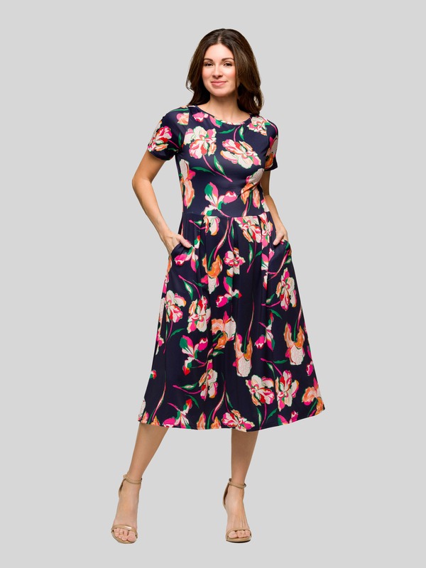 24 セブンコンフォート レディース トップス ワンピース フラワー柄 プリーツ ミディ フラワー 24seven Comfort Apparel Navy Floral Short Sleeve Pleated Flare Midi Pocket Dress Navy Multi ネイビー