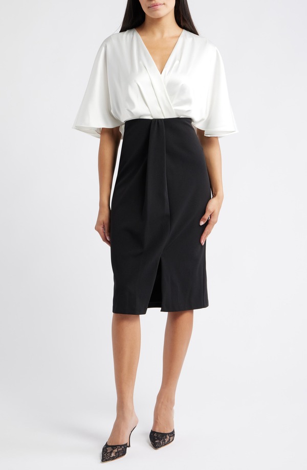エリザジェイ レディース トップス ワンピース ミディ Eliza J Flutter Sleeve Midi Dress Black Ivory アイボリー