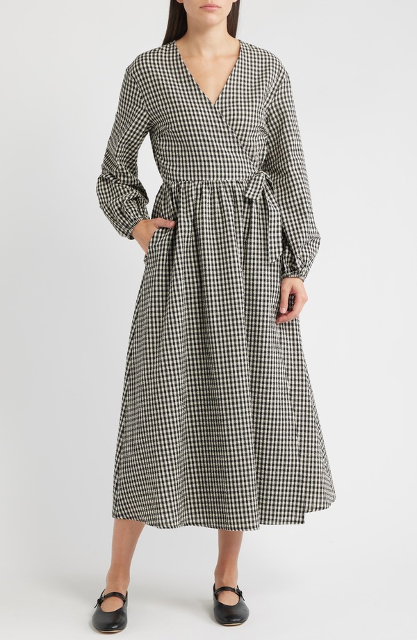 フレンチ レディース トップス ワンピース ギンガムチェック ギンガム FRNCH Anemone Gingham Long Sleeve Seersucker Wrap Dress Noir
