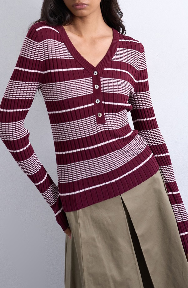 トップショップ レディース アウター パーカー・スウェット Vネック セーター Topshop Stripe V-Neck Henley Sweater Burgundy バーガンディ