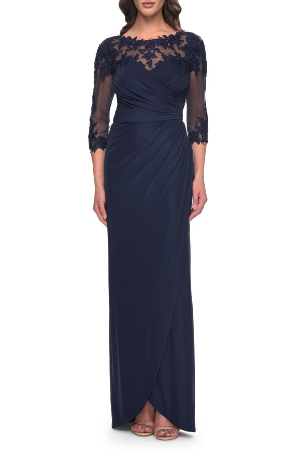 ラフェム レディース トップス ワンピース レース ジャージー La Femme Long Jersey Evening Dress with Lace Detail Neckline and Sleeves Navy ネイビー