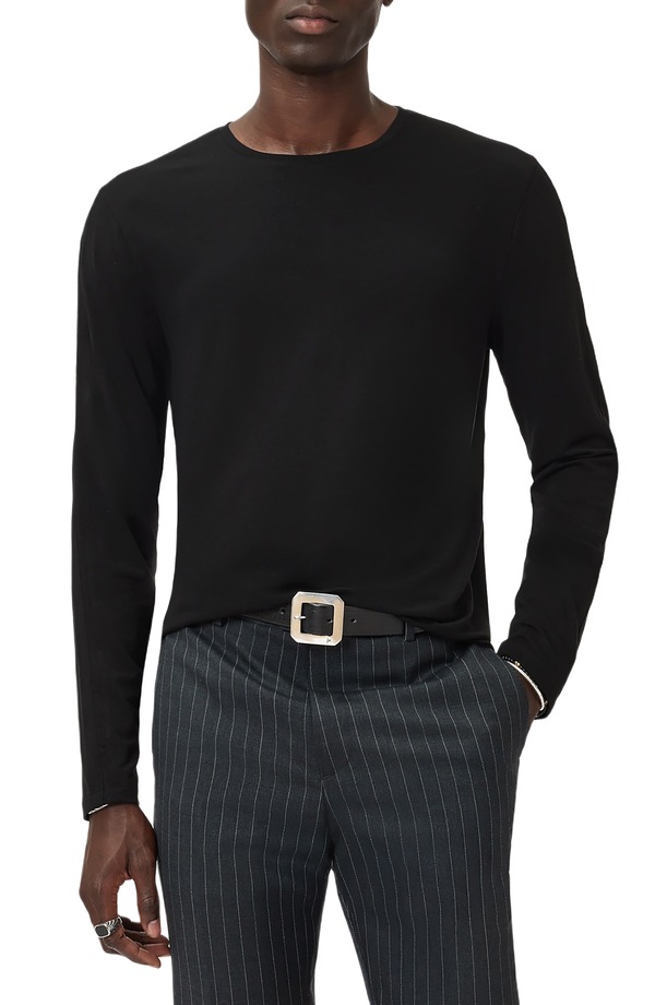 ジョンバルベイトス メンズ トップス Tシャツ ウール John Varvatos Clemente Lyocell & Woolong Sleeve T-Shirt Black ブラック｜ReVida 店