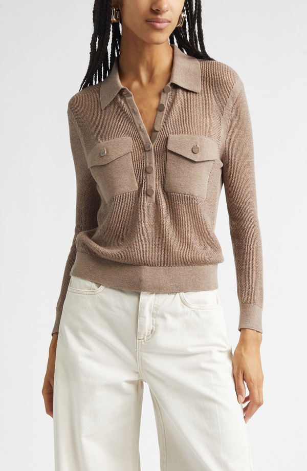 ラジャンス レディース アウター パーカー・スウェット スポーツシャツ ティーシャツ L\u0027AGENCE Carine Pointelle Polo Sweater Mushroom