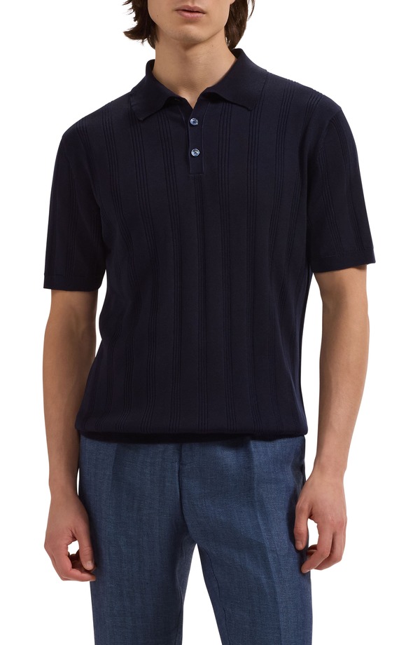 ブガッチ メンズ トップス ポロシャツ セーター Bugatchi Textured Stripe Polo Sweater Navy ネイビー|ReVida 店