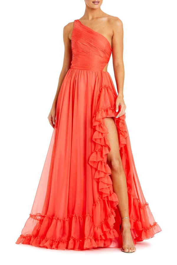 マックダガル レディース トップス ワンピース シフォン アシンメトリー フリル Mac Duggal One Shoulder Asymmetrical Ruffle Chiffon Gown Tangerine タンジェリン