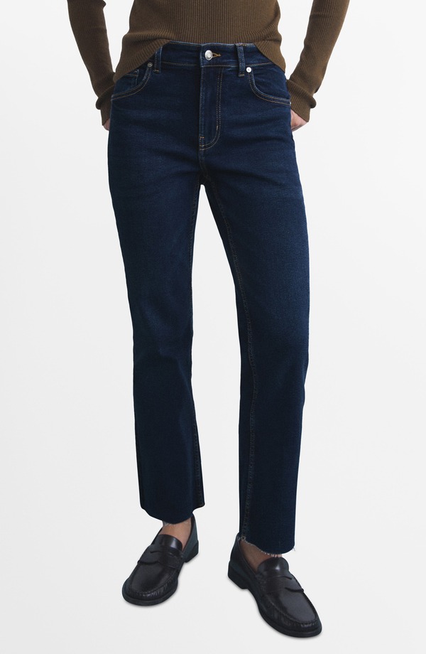 マンゴ レディース ボトムス カジュアルパンツ ジーンズ MANGO Sienna Raw Hem Crop Flare Jeans Dark Blue ブルー
