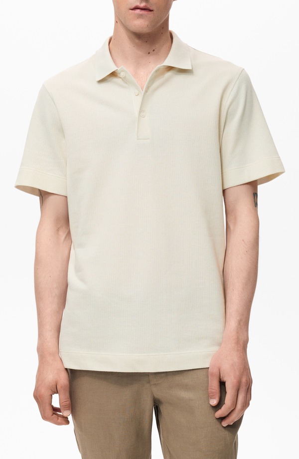 マンゴ メンズ トップス ポロシャツ ニット MANGO Fine Rib-Knit Polo Ivory White ホワイト｜ReVida 店