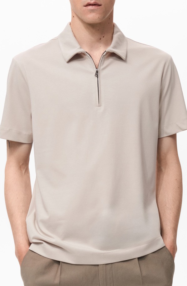 マンゴ メンズ トップス ポロシャツ コットン MANGO Zip Cotton Blend Polo Sand サンド|ReVida 店