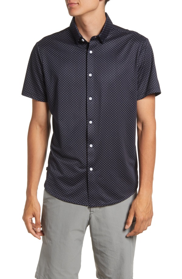 ミズンメイン メンズ トップス プルオーバー 刷り上げる Mizzen+Main Men\u0027s Halyard Trim Fit Dot Print Short Sleeve Performance Button-Up Shirt Navy Dot Print 米国海軍