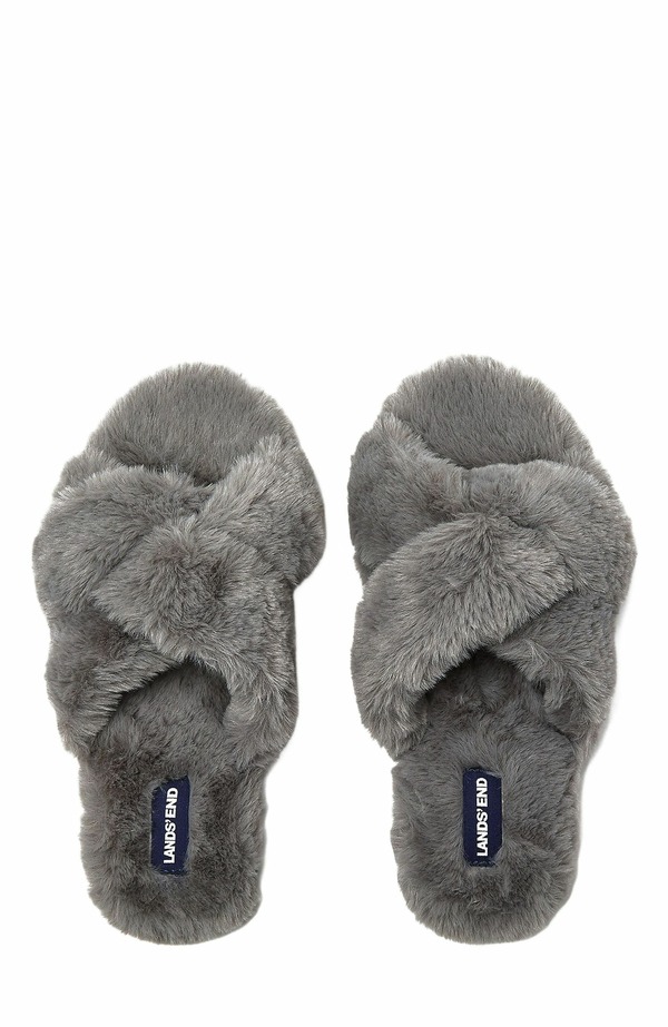 ランズ挙げ句の果て レディース シューズ サンダル Lands\u0027 End Fluffy Slide House Slippers Dark Gray 薄墨色