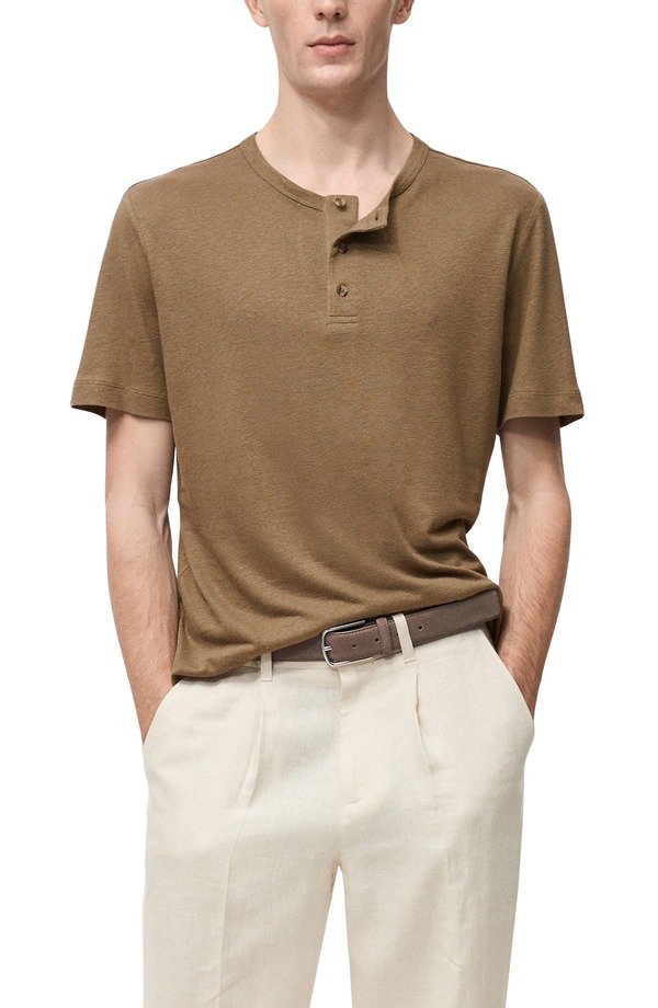 マンゴ メンズ トップス Tシャツ リネン MANGO Linen Blend T-Shirt Khaki カーキ|ReVida 店
