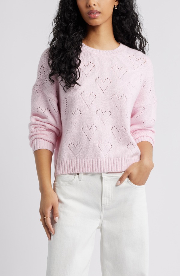 ビーピー レディース アウター パーカー・スウェット セーター コットン BP. Pointelle Heart Cotton Blend Sweater Pink Soda ピンク