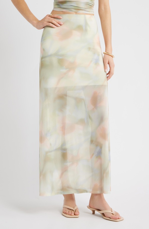 オープンエディット レディース ボトムスカート プリント メッシュ マキシ Open Edit Print Mesh Maxi Skirt Pink Whisper Floral ピンク