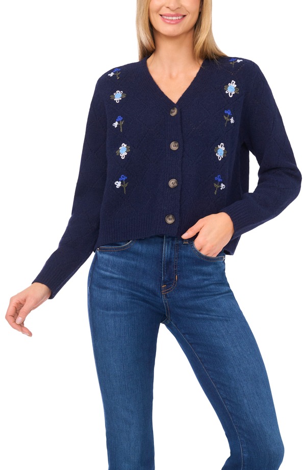 セセ レディース アウター パーカー・スウェット フラワー柄 カーディガン 刺繍 フラワー CeCe Floral Embroidered Pointelle Stitch Cardigan Classic Navy ネイビー