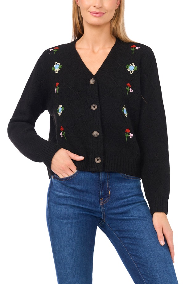セセ レディース アウター パーカー・スウェット フラワー柄 カーディガン 刺繍 フラワー CeCe Floral Embroidered Pointelle Stitch Cardigan Rich Black ブラック