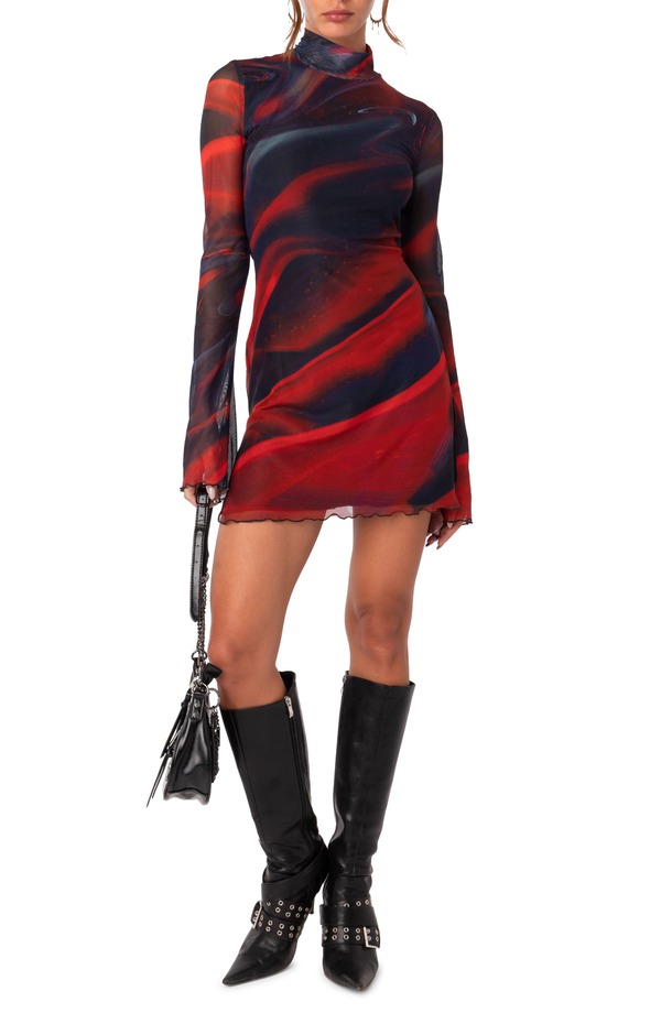 アディクテッド レディース トップス ワンピース モックネック ミニ メッシュ EDIKTED Sparks Fly Mock Neck Long Sleeve Mesh Minidress Mix|ReVida 店