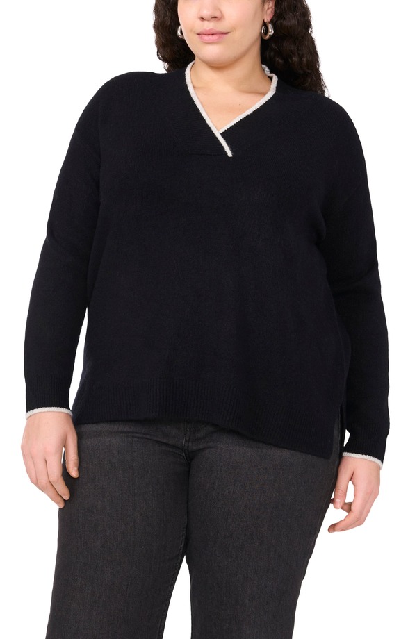 ヴィンスカムート レディース アウター パーカー・スウェット Vネック セーター Vince Camuto Tipped Cross V-Neck Cozy Sweaterich Black ブラック