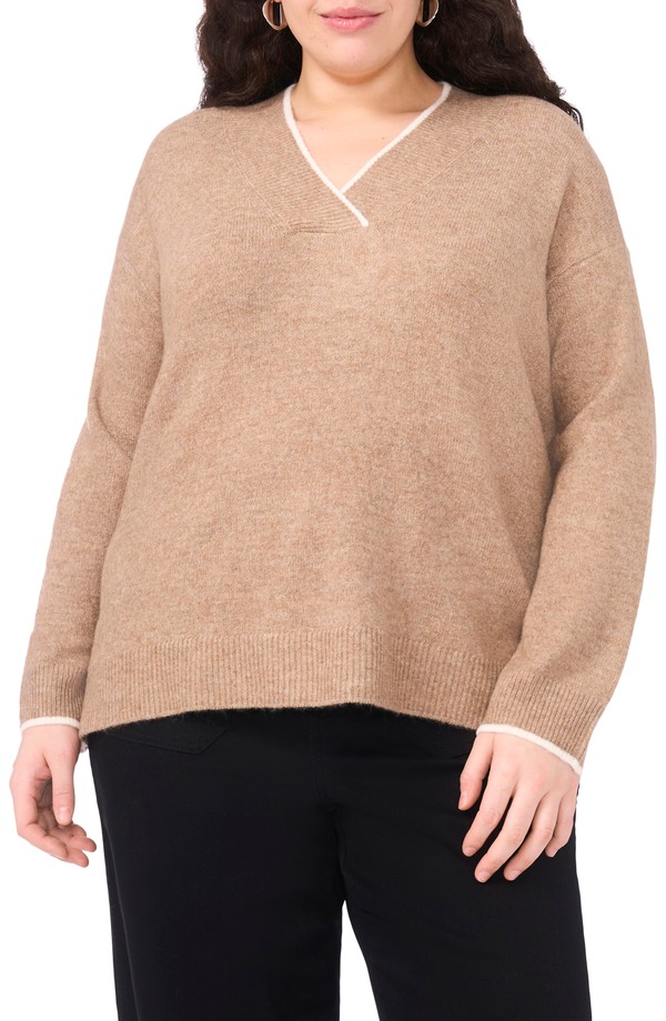 ヴィンスカムート レディース アウター パーカー・スウェット Vネック セーター Vince Camuto Tipped Cross V-Neck Cozy Sweater Taupe トープ