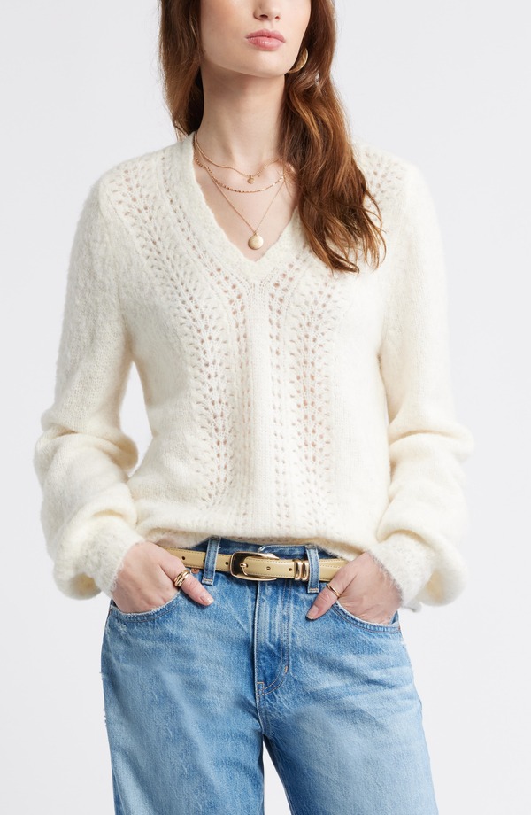 トレジャーアンドボンズ レディース アウター パーカー・スウェット Vネック セーター Treasure & Bond Oversize Pointelle V-Neck Sweater Ivory Dove アイボリー