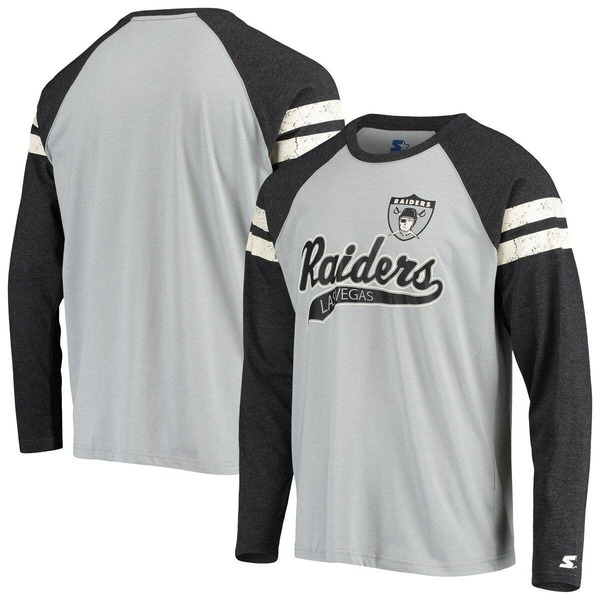 クランク メンズ トップス プルオーバー Men\u0027starter Silver/Black Las Vegas Raiders Throwback League Raglan Long Sleeve Tri-Blend T-Shirt Silver しろがね色