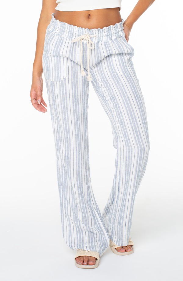 ロキシー レディース ボトムス レギンス パンツ リネン Roxy Oceanside Stripe Linen BLend Pants Blue Horizon ブルー