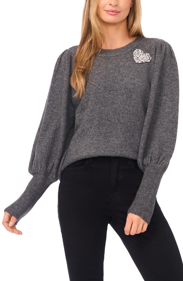 セセ レディース アウター パーカー・スウェット クルーネック セーター CeCe Faux Pearl Heart Embellished Crewneck Sweater Medium Heather Grey グレー