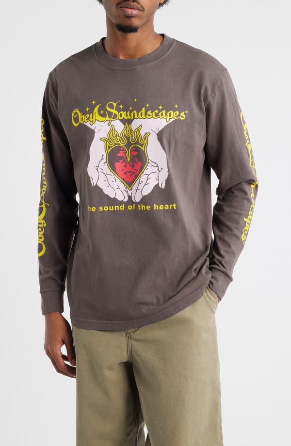 オベイ メンズ トップス Tシャツ コットン キャップ ケープ グラフィック Obey Soundscapes Cotton Graphic Long Sleeve T-Shirt Pigment Dusty Black ブラック｜ReVida 店