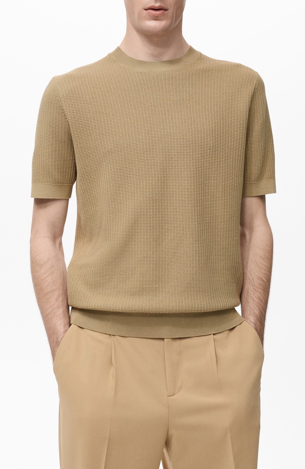 マンゴ メンズ トップス Tシャツ コットン ニット MANGO Textured Cotton Knit-Shirt Beige ベージュ