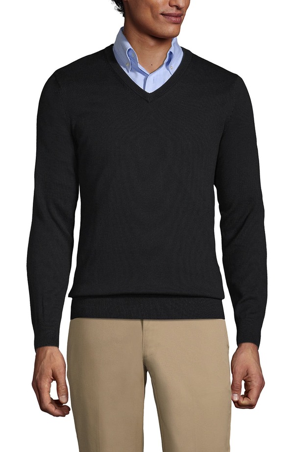 ランズ挙げ句の果て メンズ トップス プルオーバー Vのど首 スウェーター 綿織物 Lands\u0027 End School Uniform Cotton Modal Fine Gauge V-neck Sweater Black 黒いこと