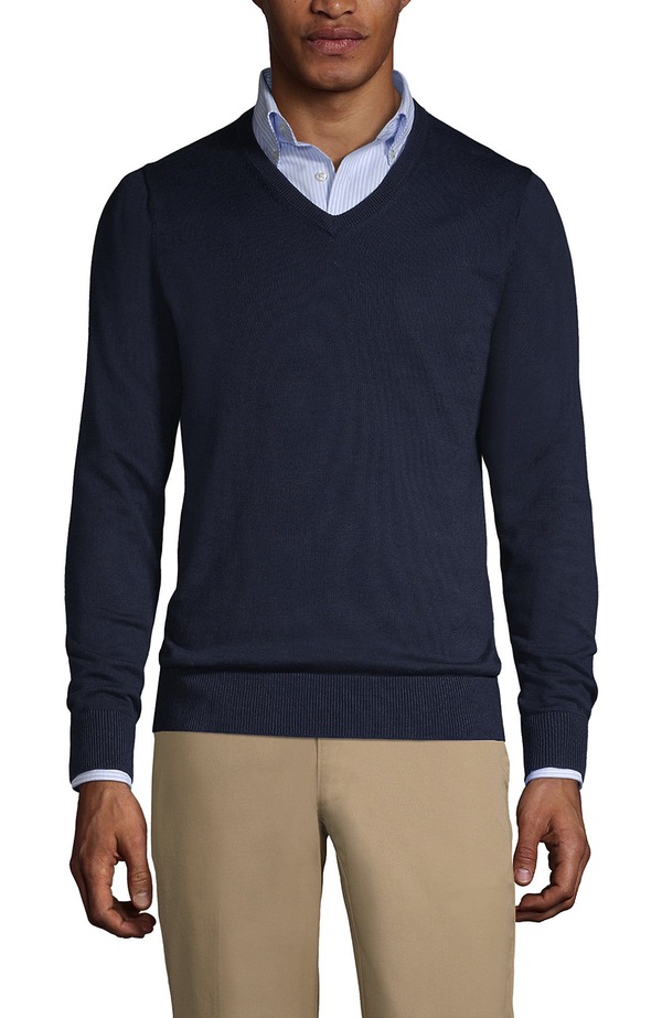 ランズ挙げ句の果て メンズ トップス プルオーバー Vのど首 スウェーター 綿織物 Lands\u0027 End School Uniform Cotton Modal Fine Gauge V-neck Sweater Classic Navy 米国海軍