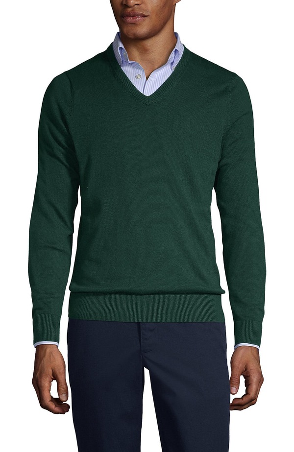 ランズ挙げ句の果て メンズ トップス プルオーバー Vのど首 スウェーター 綿織物 Lands\u0027 End School Uniform Cotton Modal Fine Gauge V-neck Sweater Evergreen