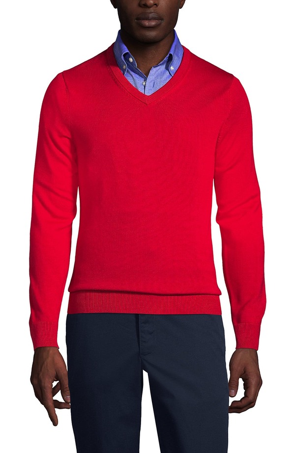ランズ挙げ句の果て メンズ トップス プルオーバー Vのど首 スウェーター 綿織物 Lands\u0027 End School Uniform Cotton Modal Fine Gauge V-neck Sweatered 赤いこと