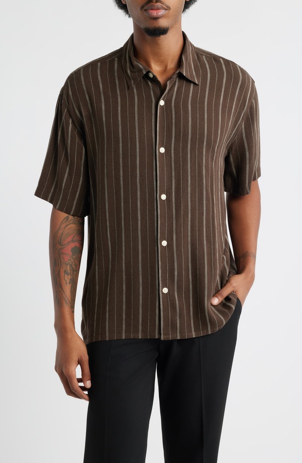 オープンエディット メンズ トップス プルオーバー Open Edit Stripe Short Sleeve Button-Up Shirt Brown Kiyoshi Stripe 赤銅色