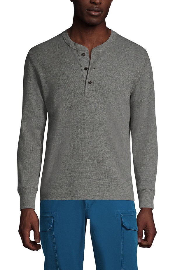 ランズエンド メンズ トップス シャツ Lands' End Long Sleeve Thermal Waffle Henley Pewter Heather ヘザー