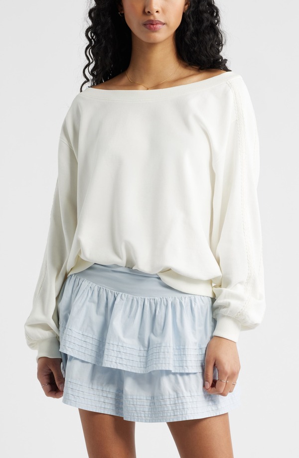 ビーピー レディース アウター パーカー・スウェット レーストリム シャツ コットン レース BP. Lace Trim Off the Shoulder Cotton Blend Sweatshirt Ivory アイボリー
