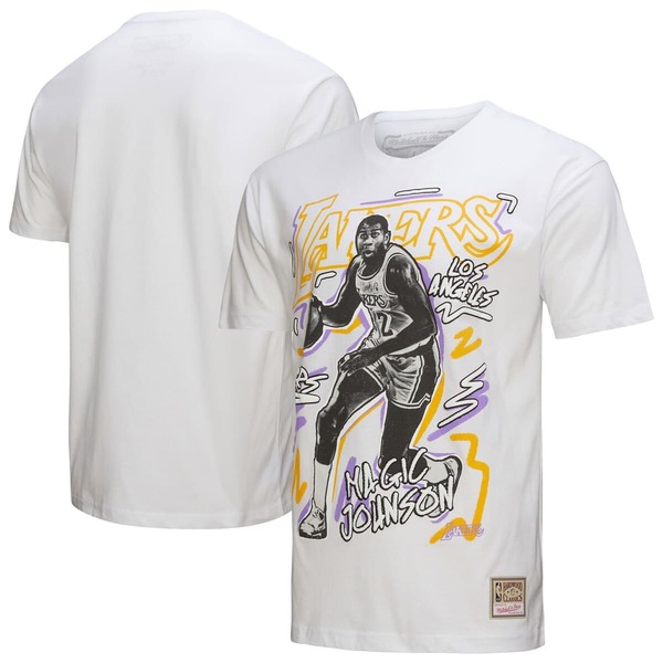 ミッチェル&ネス メンズ トップス Tシャツ Men's Mitchell & Ness Magic Johnson White Los Angeles Lakers Hardwood Classics Chalked Up T-Shirt White ホワイト|ReVida 店
