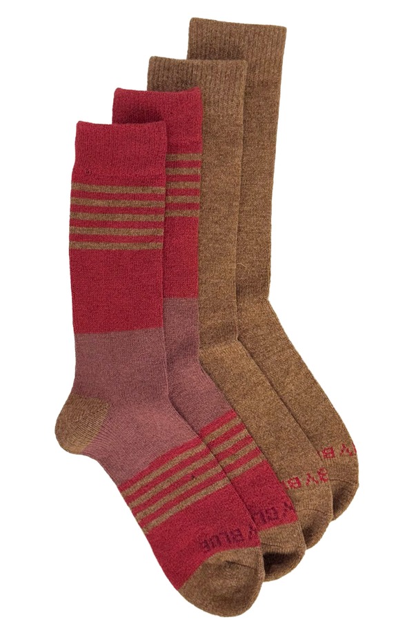 ユナイテッドバイブルー レディース アンダーウェア 靴下 ウール United By Blue 2-Pack Stripe Wool & Yak Blend Crew Socks Crimson/ Camel Heather ヘザー