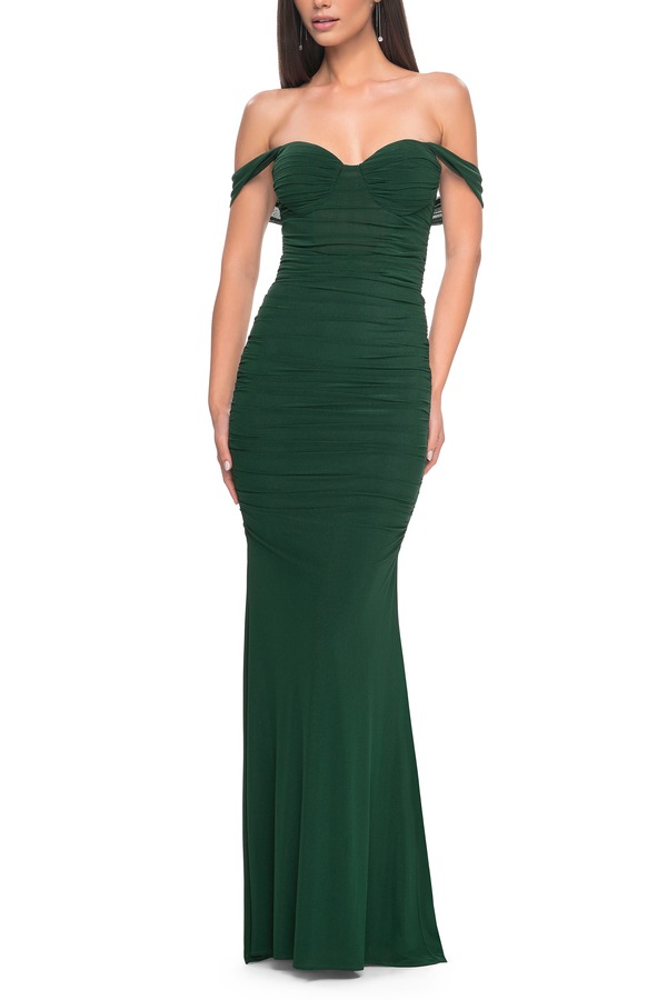 ラフェム レディース トップス ワンピース ジャージー La Femme Off the Shoulder Net Jersey Dress with Ruching Dark Emerald エメラルド｜ReVida 店