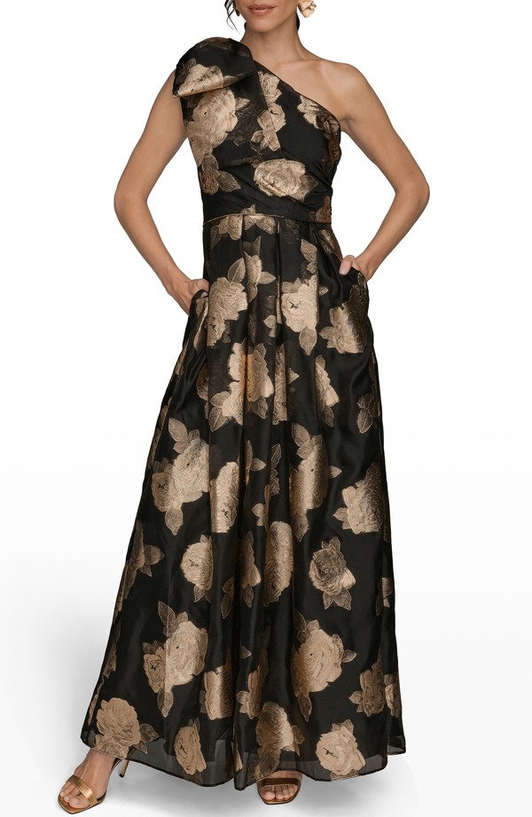 ダナ キャラン ニューヨーク レディース トップス ワンピース ワンショルダー トール Donna Karanew York One-Shoulder Metallic Jacquard Gown Black/ Gold ブラック
