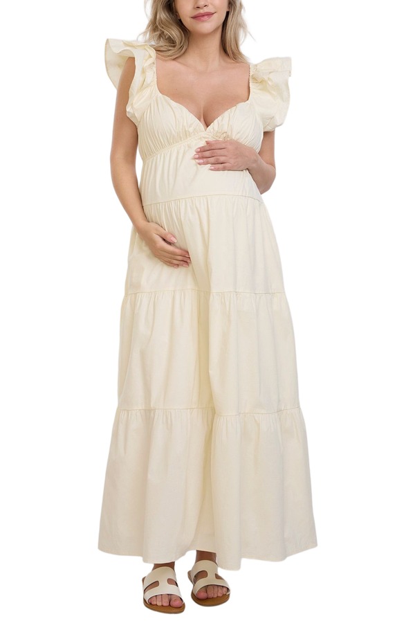 マザーフッドマタニティー レディース トップス ワンピース フリル マキシ MOTHERHOOD MATERNITY Ruffle Sleeve Tie-Back Maternity Maxi Dress Winter White ホワイト｜ReVida 店