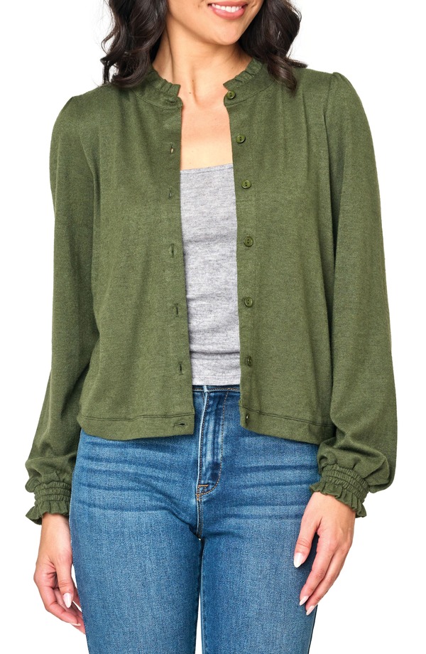 ギブソンルック レディース アウター パーカー・スウェット フリル カーディガン GIBSONLOOK Ruffle Accent Cardigan Martini Olive オリーブ
