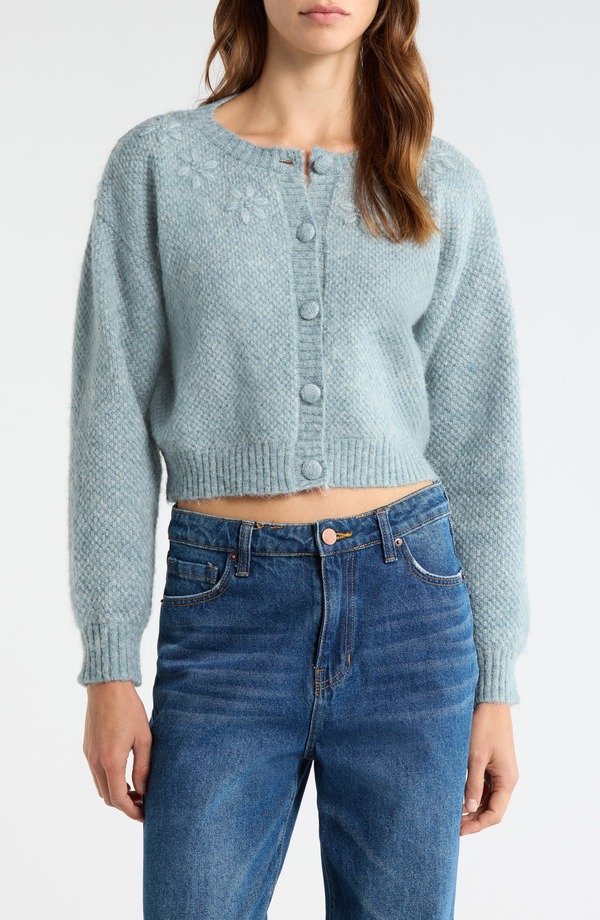 オールインフボール レディース アウター パーカー・スウェット フラワー柄 カーディガン 刺繍 フラワー All in Favor Floral Embroidered Cardigan Dusty Blue ブルー
