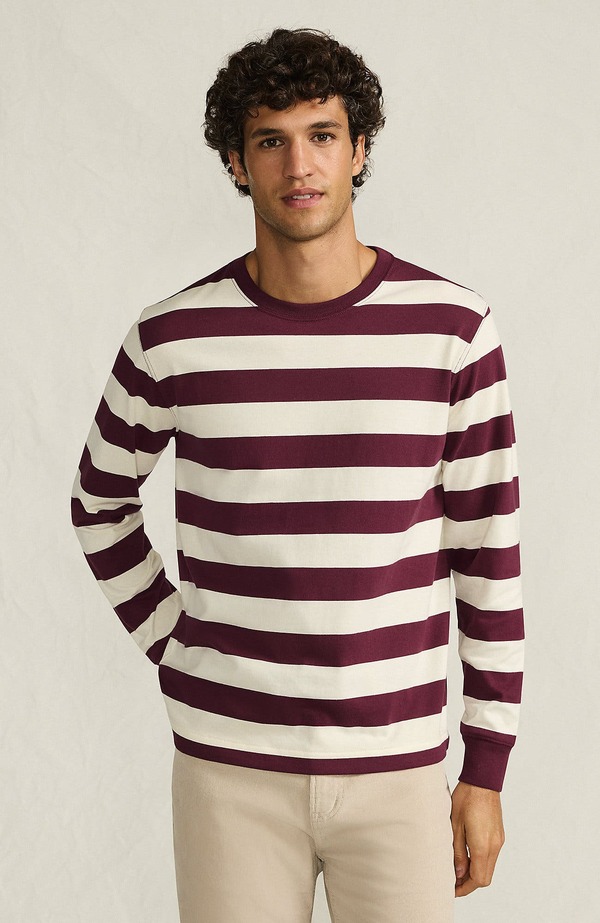 ランズエンド メンズ トップス Tシャツ Lands' End Super-T Long Sleeve T-Shirt Burgundy/Ivory Even Stripe アイボリー 10,426円