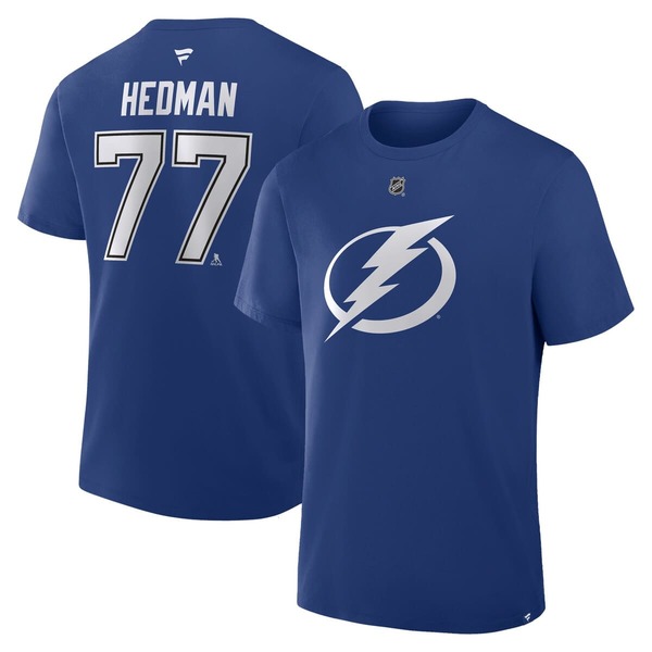 ファナティクス メンズ トップス Tシャツ Men's Fanatics Victor Hedman Blue Tampa Bay Lightning Authentic Stack Name & Number T-Shirt Blue ブルー｜ReVida 店