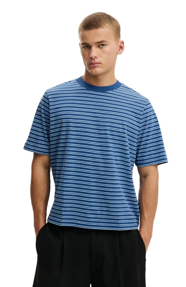 コットンオン メンズ トップス Tシャツ クロップド Cotton Men's Cropped Fit-Shirt Cobalt Pearl Blue Stripe パール