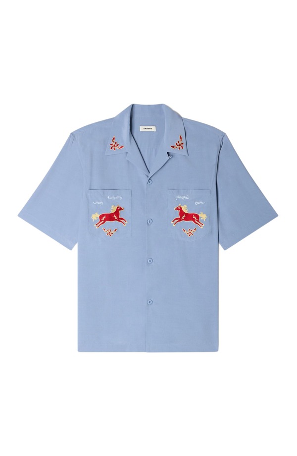 サンドロ メンズ トップス シャツ 刺繍 SANDRO Embroidered horse loose-fit shirt Blue ブルー