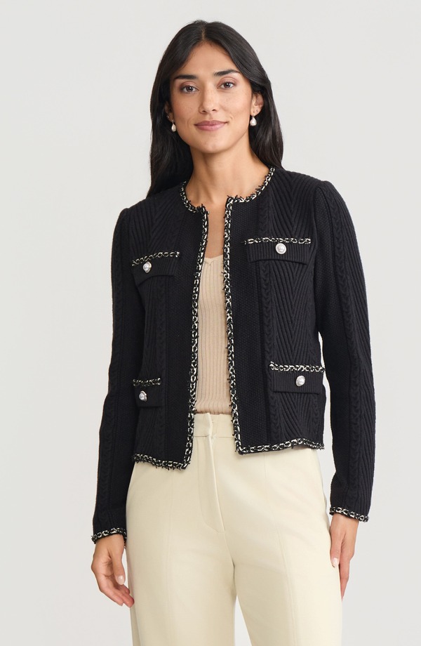ミソック レディース アウター ジャケット・ブルゾン リブ ニット Misook Heritageyelash Trim Cozy Ribbed Knit Jacket Black/Biscotti ブラック