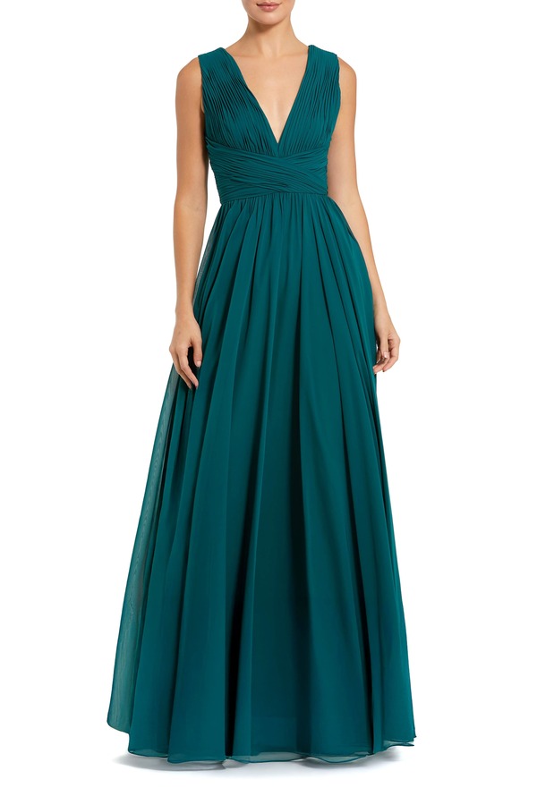 マックダガル レディース トップス ワンピース Vネック シフォン ギャザー ノースリーブ Mac Duggal Sleeveless Ruched V Neck Chiffon Gown Teal ティール｜ReVida 店
